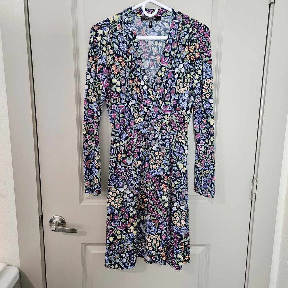 BCBGMAXAZRIA Womens Navy Floral Faux Wrap Long Sleeve Jersey Dress M